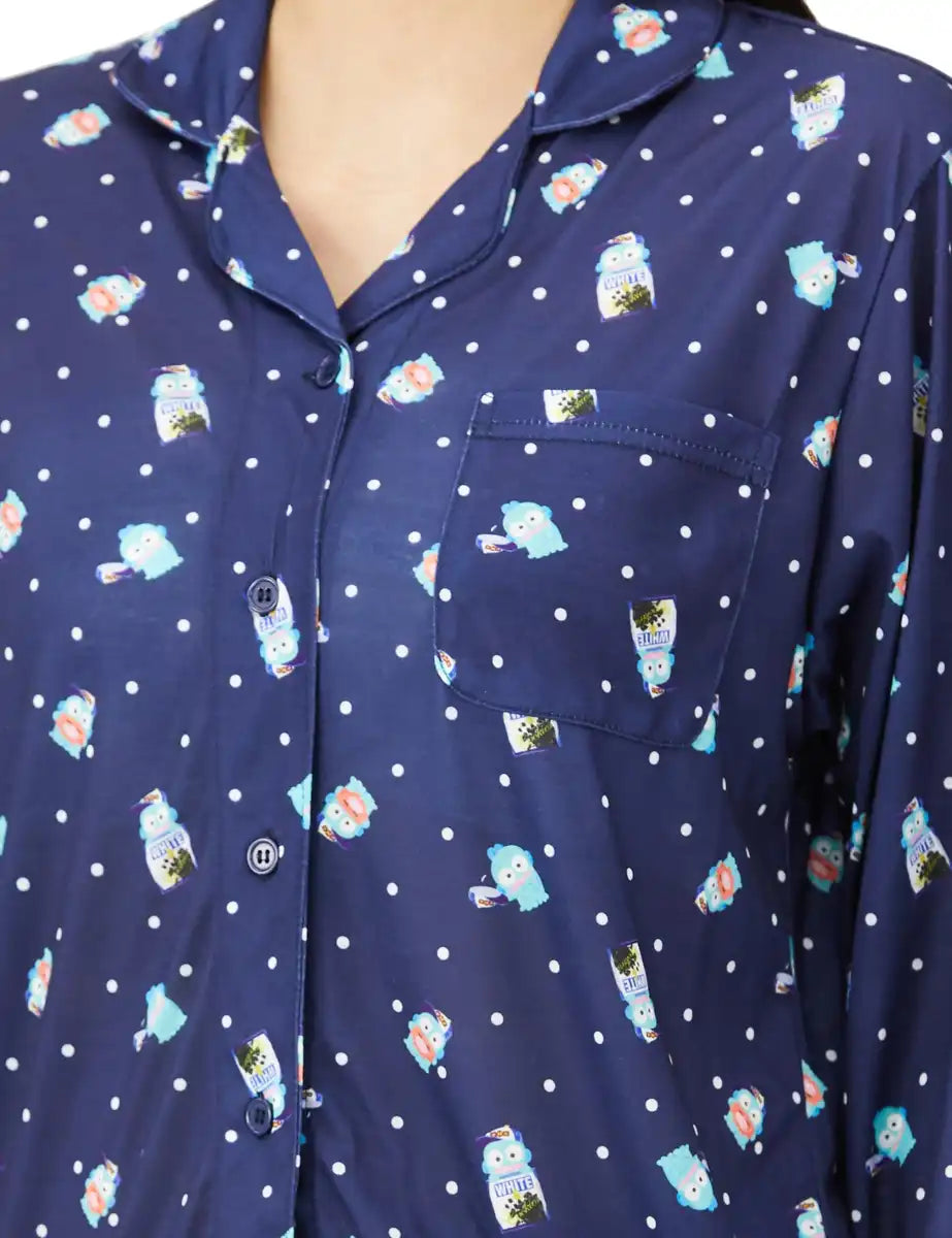 Sanrio Women's Navy Long Sleeve Pajama Set with Hangyodon and Cinnamoroll- Japan Figure Store - #1 Bring To You The Best Japanese Goods
