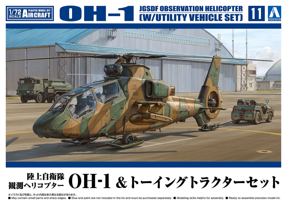 Qingdao Aoshima 1/72 Oh-1 Helicopter & Towing Tractor Set Plastic Model