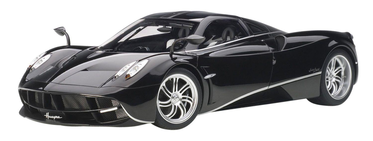 Modèle réduit de voiture Pagani Huayra noire avec bandes argentées à l'échelle 1/12 d'Autoart