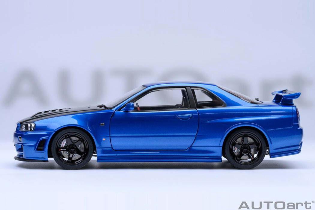 Modèle réduit de voiture 1/18 Nismo R34 GT-R Z-Tune Bayside Blue Carbon Black Bonnet