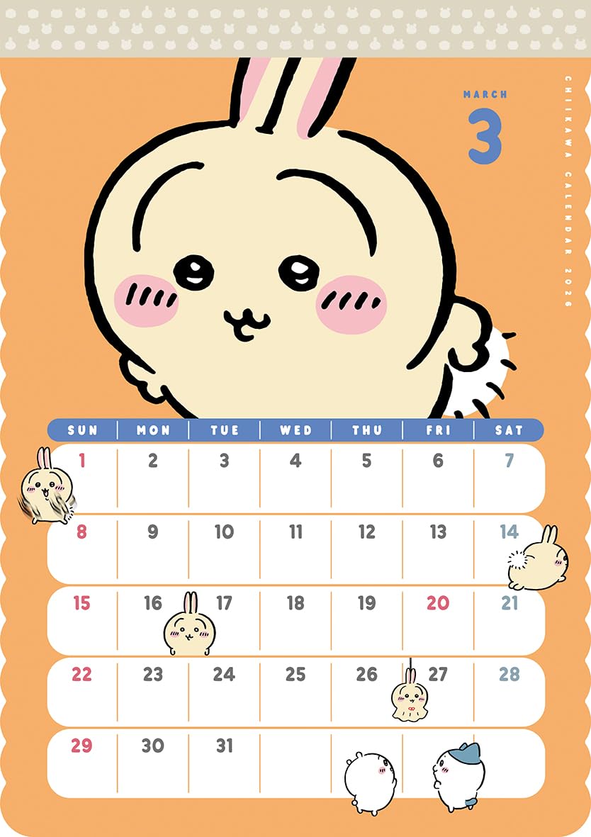 Calendrier mural Parco Chiikawa 2026, planificateur mensuel avec de jolies illustrations.