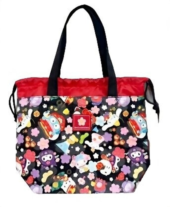 San-X Hatayama Shoji Drawstring Lunch Tote Bag - Japanese Pattern Black H20xW30xD10cm