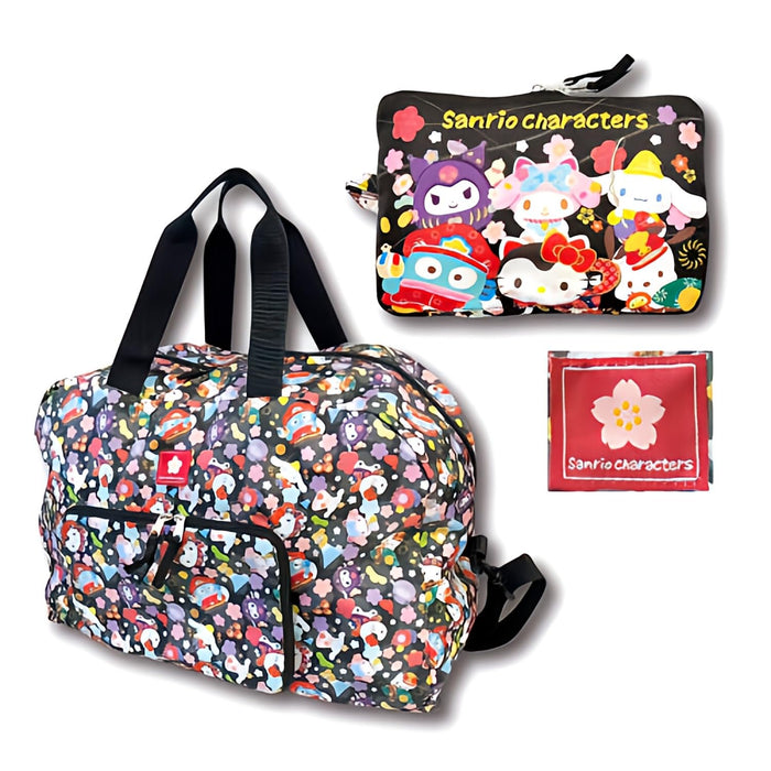 San-X Boston-Tasche mit japanischem Muster und Sanrio-Figuren, faltbar, Schwarz, H34 x B50 x T24 cm