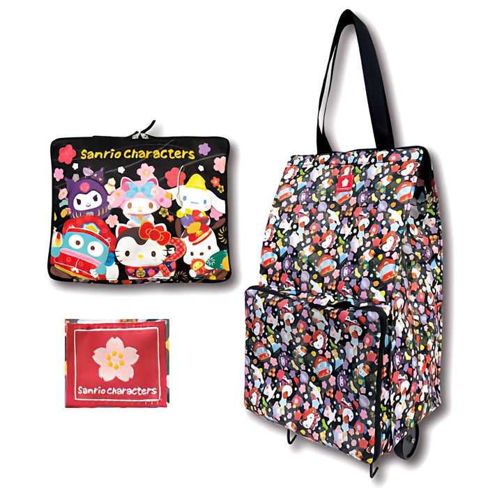 San-X Faltbare Einkaufstasche Schwarz 52x31x20cm Japanisches Muster Sanrio Charaktere