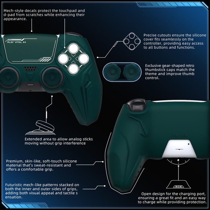 Housse de protection pour manette Playvital en silicone vert foncé pour PS5 Cyber ​​Mecha