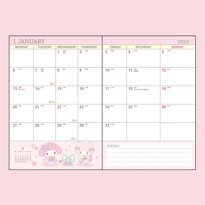 Agenda Sanrio My Melody 2025 B6 avec autocollants de planning et marque-page