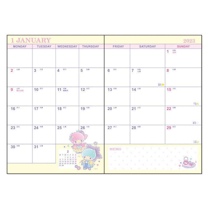 Agenda Sanrio 2023 B6 Little Twin Stars Agenda mensuel hebdomadaire avec autocollants