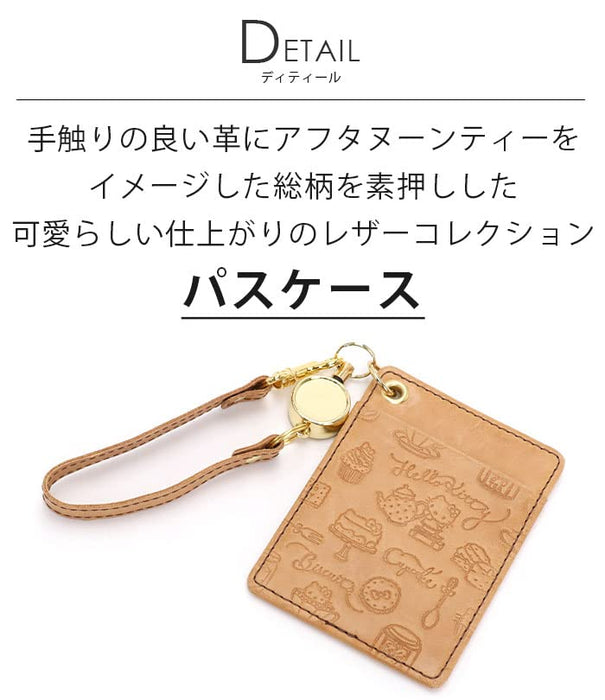 Sanrio Hello Kitty Genuine Leather Pass Case with Reel Strap Beige Cowhide