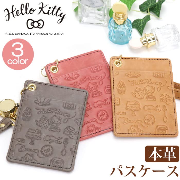 Sanrio Hello Kitty Genuine Leather Pass Case with Reel Strap for Women Gray