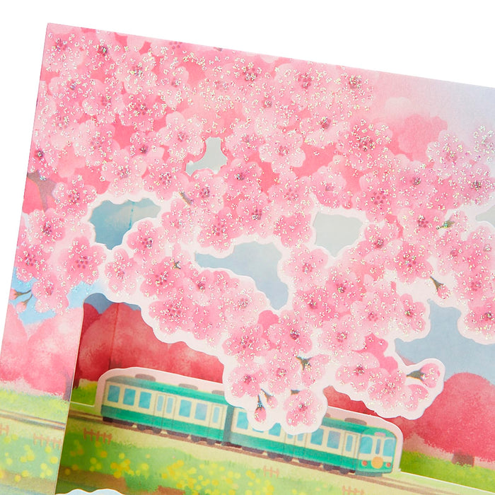 Carte de vœux avec message Sanrio, fleur de cerisier printanière, fleur de colza, train