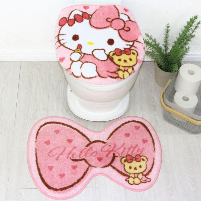 Sanrio Hello Kitty 2-Piece Toilet Set: Lid Cover & Foot Mat - Fully Washable