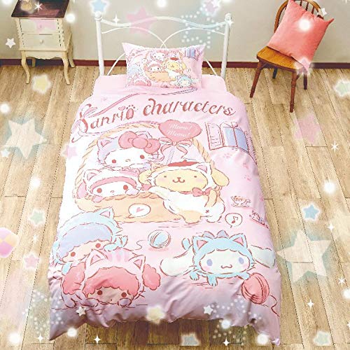 Parure de lit 3 pièces avec housse de couette et taie d'oreiller et housse de matelas Motif personnages de Sanrio