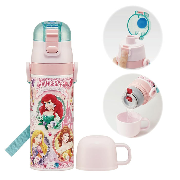 Skater Disney Princess 2-Way Stainless Steel Water Bottle 430ml for Kids - Lightweight with Cup Included