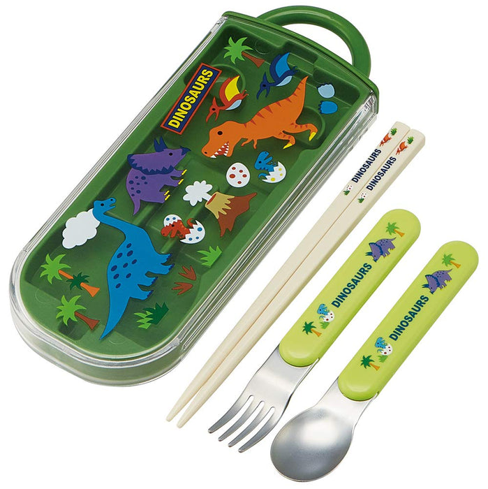 Skater Dinosaur Boys Trio Set Lunch Box Antibacterial Fork Spoon Chopsticks Made in Japan