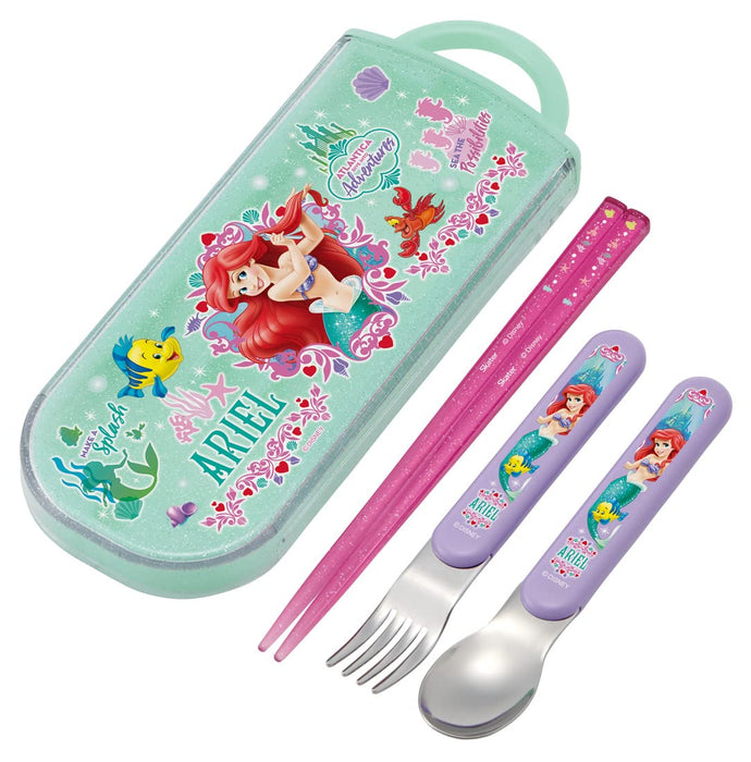 Skater Disney Ariel Lunch Box Trio Set - Antibacterial Spoon Fork Chopsticks for Girls Made in Japan