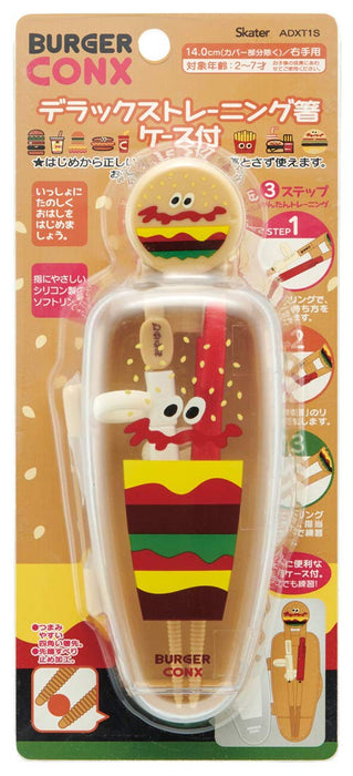 Skater Kids Training Chopsticks 14cm Right-Handed Square Tips Burger Design Case Ages 2-7