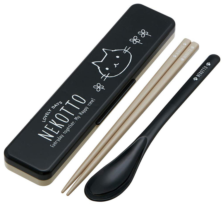 Skater Nekotto 18cm Silver Ion Antibacterial Chopsticks and Spoon Set from Japan