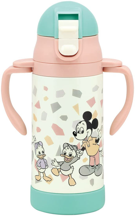 Skater 350Ml Mickey Mouse Retro Water Bottle Double-Handled Stainless Steel Baby Mug with Straw