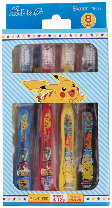 Skater Kids Toothbrush Set Soft Bristles 8 Pieces 15.5cm Suitable for Ages 6-12 Pokemon Series