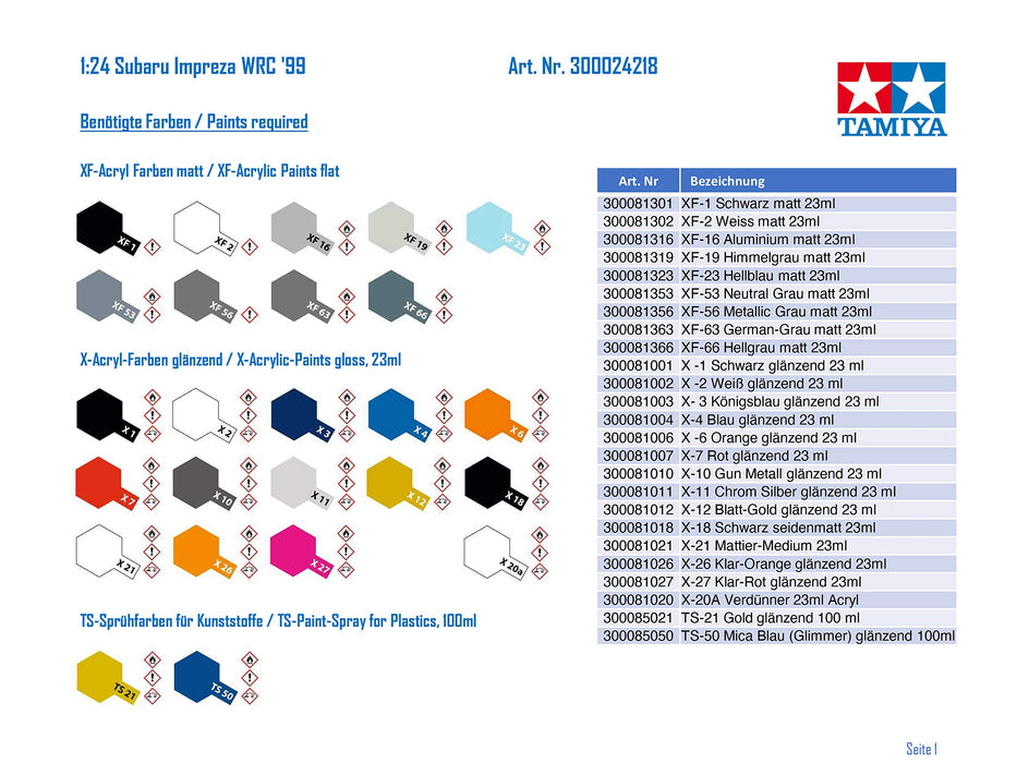 Tamiya 1/24 Subaru Impreza WRC 1999 Plastikmodell - Sportwagen Serie 218
