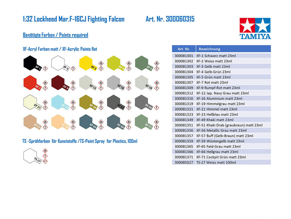 Tamiya 1/32 US Air Force F-16Cj Bloc 50 Modèle en plastique 60315