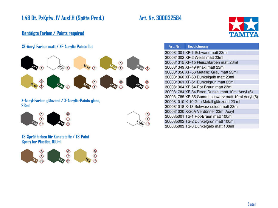 Tamiya 1/48 Miniature militaire Série n°84 Char IV de l'armée allemande Modèle 32584