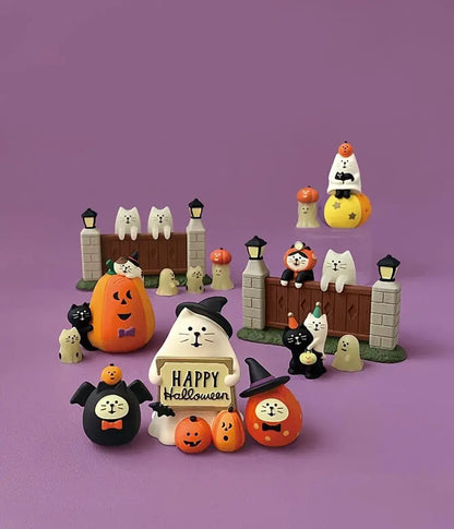 Decole Ghost Cat with Pumpkin Halloween Figurine