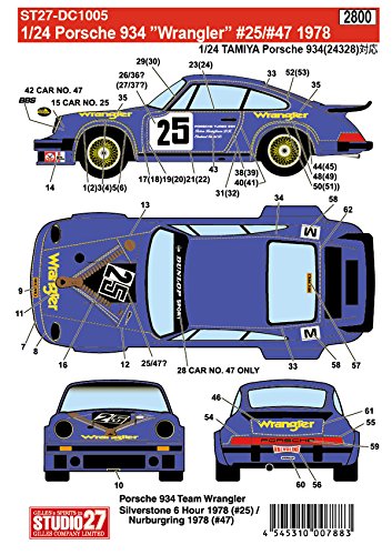 Studio27 Dc1005 1/24 Porsche 934 Wrangler 25/47 1978 Original Decals Japanese Decal Sheet