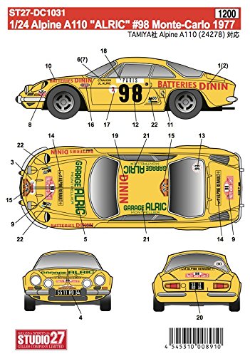 Studio27 St27 Dc1030 Alpine A110 Alric 98 Monte Carlo 1977 Decal For Tamiya 1/24 Scale Car Decal