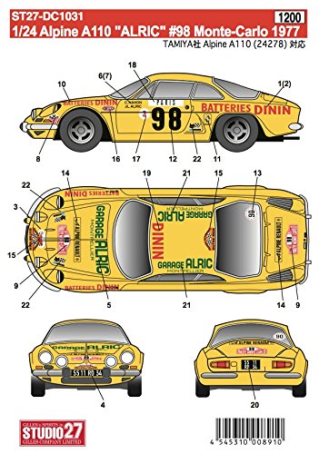 Studio27 St27 Dc1030 Alpine A110 Alric 98 Monte Carlo 1977 Autocollant pour voiture Tamiya échelle 1/24