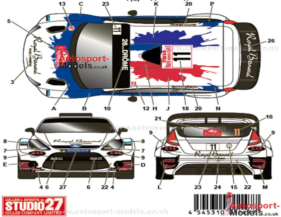 Studio27 St27-Dc1086 Ford Fiesta Royal Bernard 11 Monte Carlo 2014 Autocollants pour Belkits 1/24 Autocollant de voiture