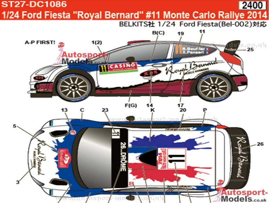 Studio27 St27-Dc1086 Ford Fiesta Royal Bernard 11 Monte Carlo 2014 Autocollants pour Belkits 1/24 Autocollant de voiture