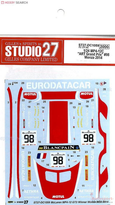 Studio27 St27 Dc1059 Mc Laren Mp4 12C Art Grand Prix 98 décalcomanie pour modèle de voiture Fujimi 1/24