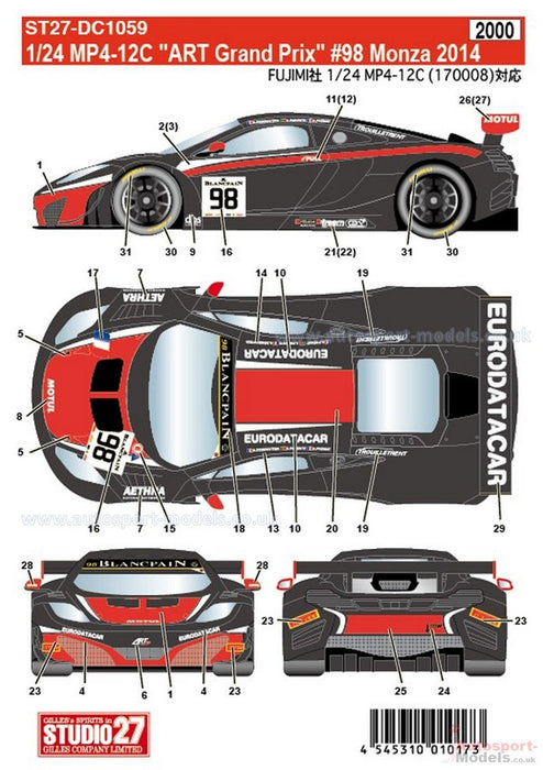 Studio27 St27 Dc1059 Mc Laren Mp4 12C Art Grand Prix 98 décalcomanie pour modèle de voiture Fujimi 1/24