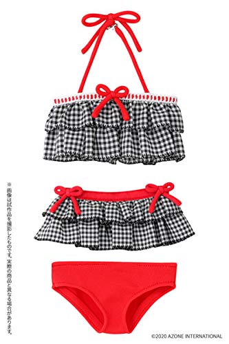 1/3 Scale 45 Gingham Check Frill Bikini Set Black Check X Red Ribbon (For Doll)