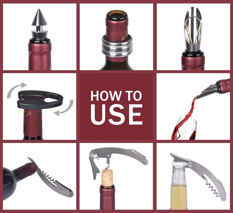 Kato Black Wine Accessories Set - Bottle Opener Corkscrew Drip Ring Foil Cutter Pourer