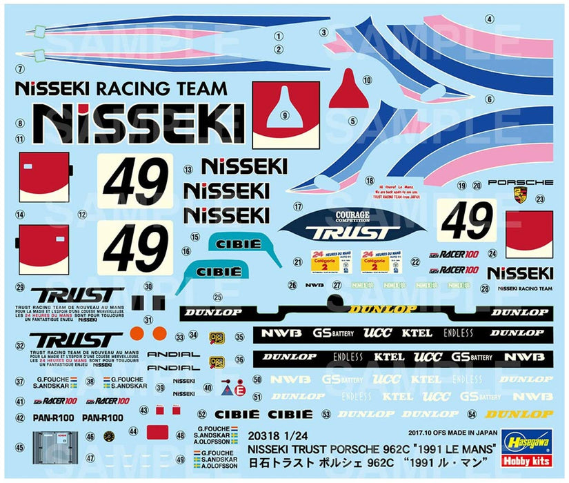 Hasegawa 20318 Nisseki Trust Porsche 962C 1991 Le Mans voitures de course à l'échelle 1/24