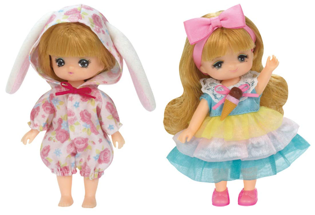 TAKARA TOMY Licca Doll Miki-Chan & Maki-Chan Dress Set Bunny Pajamas And Ice Cream Dress