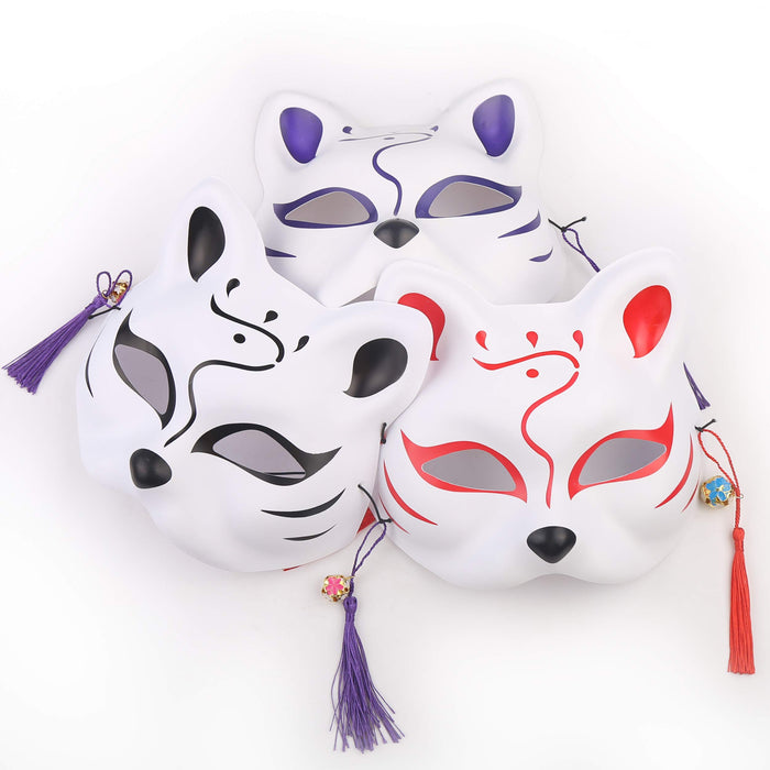 Lopika Masqué Renard Blanc Demi Visage avec Cloche Ensemble de 3 Kitsune Costume de Style Japonais Masqué