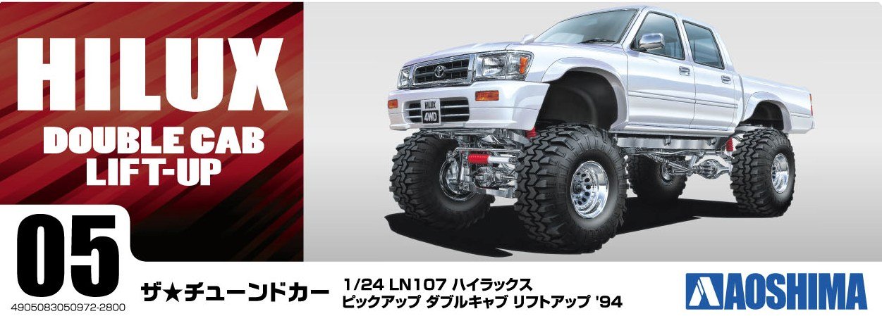 AOSHIMA – 50972 Ln107 Hilux Pickup Double Cab Lift Up '94 – Toyota Bausatz im Maßstab 1:24