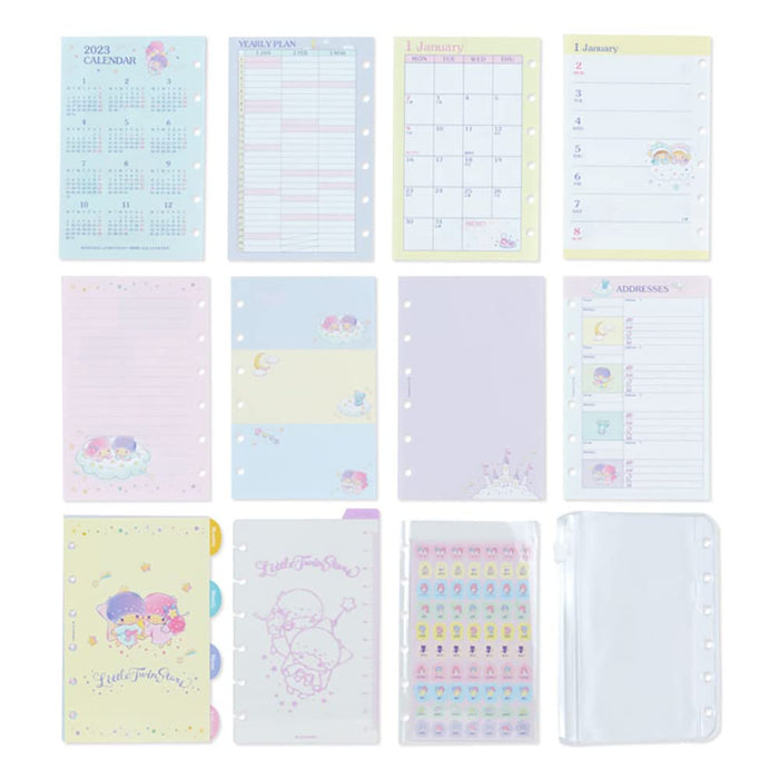 Sanrio Notebook 2023 Notebook System Notebook Weekly Monthly 6-Hole Synthetic Leather Little Twin Stars Kikilala Ruler Index Sticker Mount 4 Zipper Case Character 205991 Sanrio