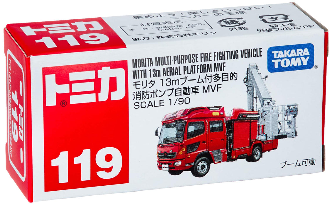 Takara Tomy Tomica 119 Morita Feuerwehr MVF mit 13 m Ausleger 879763, Feuerwehrauto im Maßstab 1/90