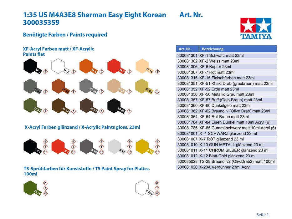 TAMIYA 35359 Kit char moyen américain M4A3E8 Sherman "Easy Eight" Guerre de Corée 1/35