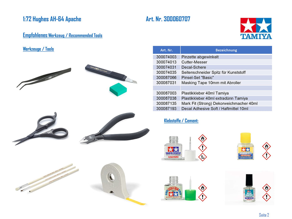 TAMIYA 60707 Hughes Ah-64 Apache 1/72 Scale Kit Plastic Model Kit