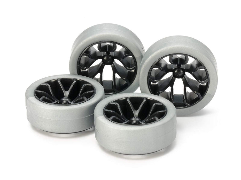 Tamiya Mini 4Wd 95412 Pneus durs à profil bas Silver &amp; Carbon Wheels Y Spoke