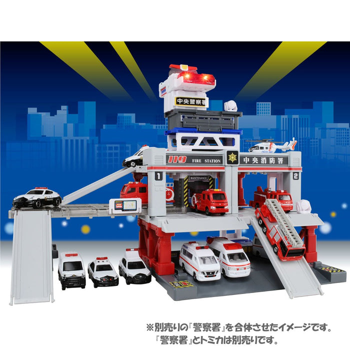 Takara Tomy Tomica Stadt Bauen Stadt Sound Licht Feuer Station (874393) Feuerwehrauto Spielzeug