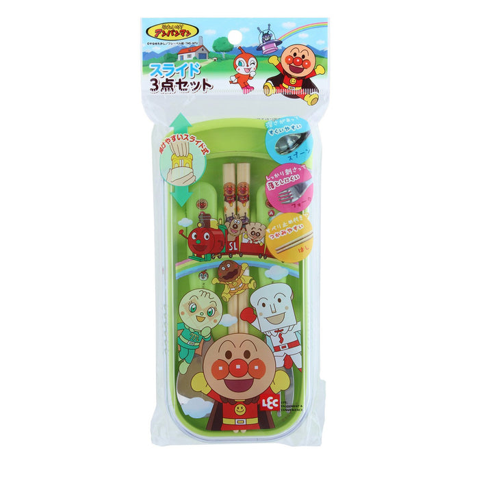 Lec Japan Wreck Anpanman Slide Ensemble de 3 pièces (baguettes, cuillère, fourchette) Vert